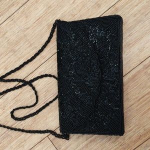 BLACK BEADED DRESS EVENING PURSE STRAP SCALLOPED EDGE NICE